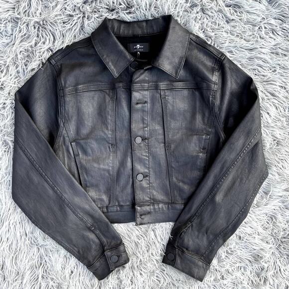 7 For All Mankind Coated Twill Button Front Cropped Moto Jacket Women S Black - Picture 1 of 12